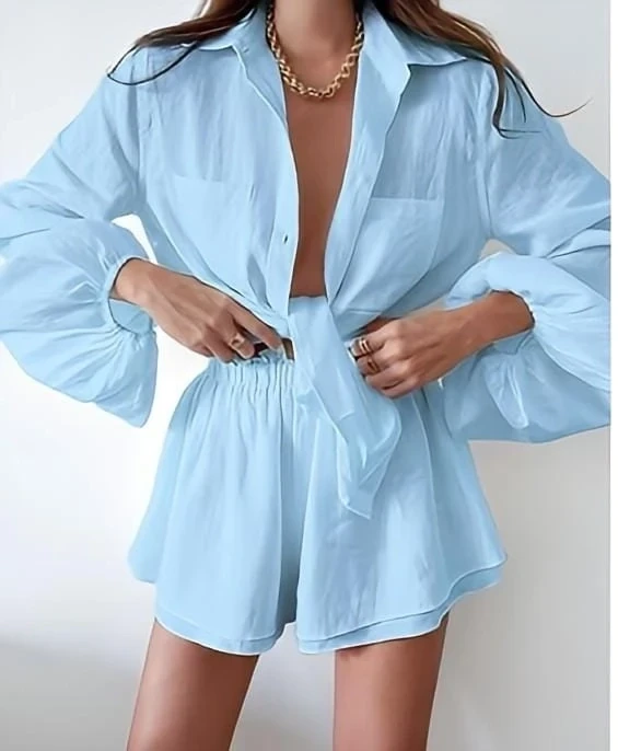 Keten Şort Gömlek Alt Üst Takım Bebe Mavi