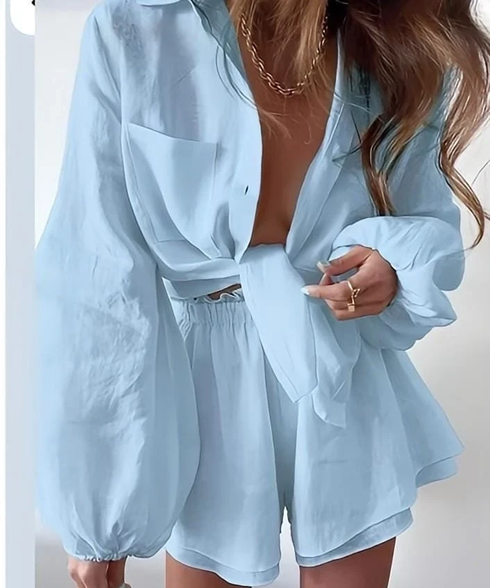 Keten Şort Gömlek Alt Üst Takım Bebe Mavi