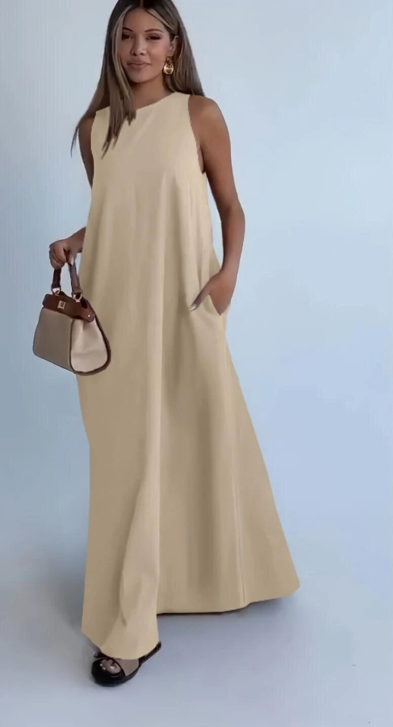 Modal Kumaş Cepli Elbise Bej