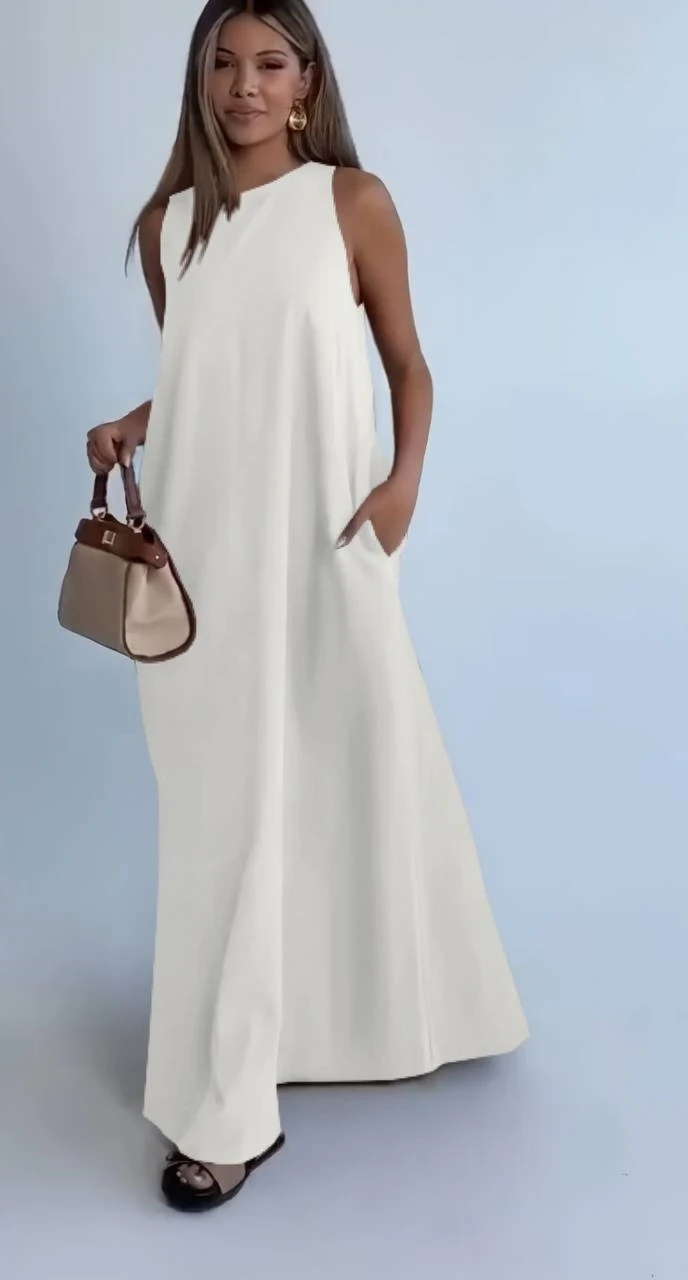 Modal Kumaş Cepli Elbise Beyaz