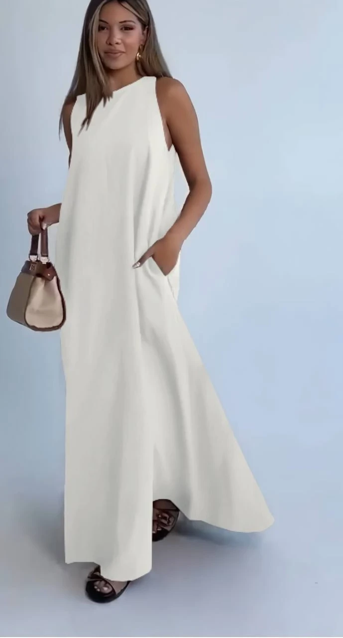 Modal Kumaş Cepli Elbise Beyaz