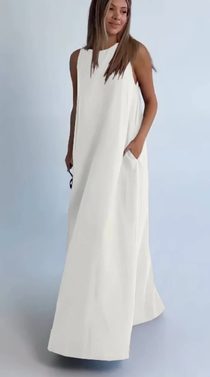 Modal Kumaş Cepli Elbise Beyaz