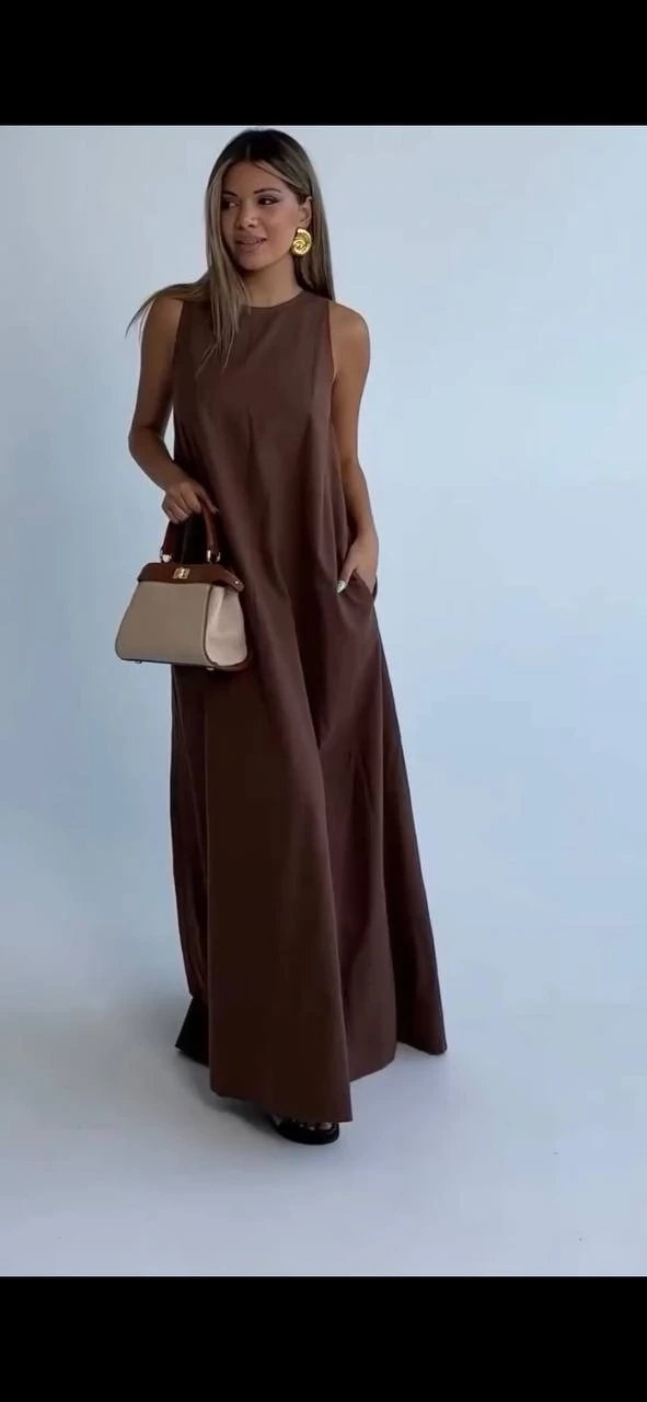 Modal Kumaş Cepli Elbise Kahve