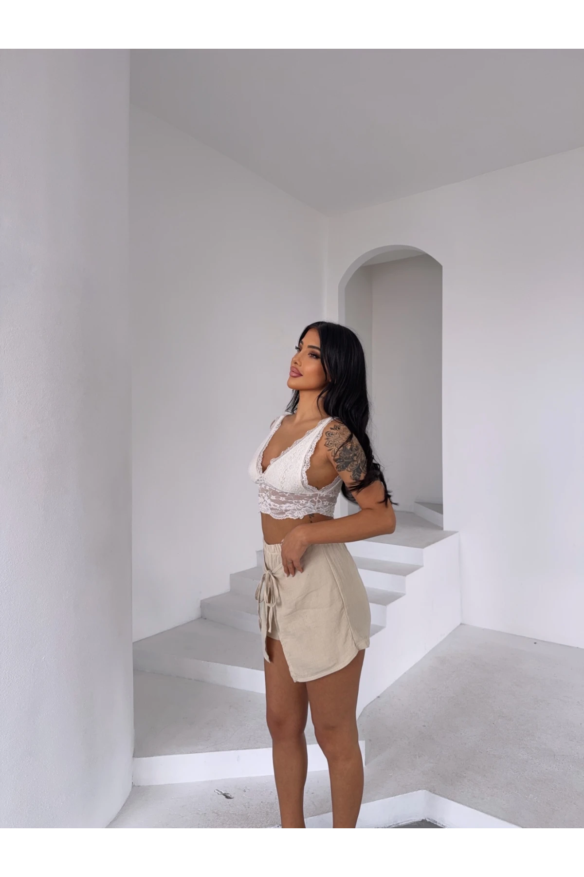 Müslin Keten Bağlama Detay Şort Bej
