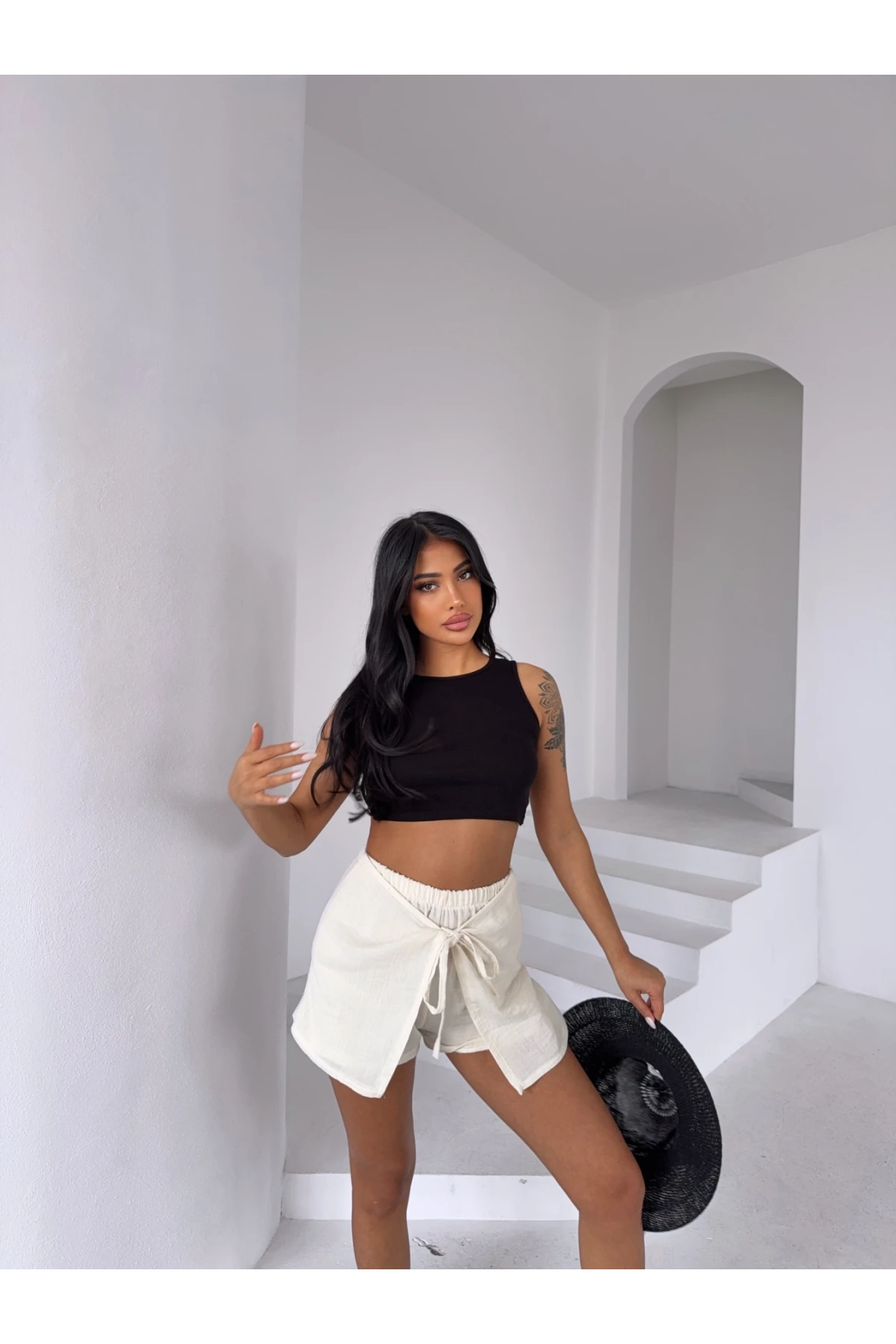 Müslin Keten Bağlama Detay Şort Ekru