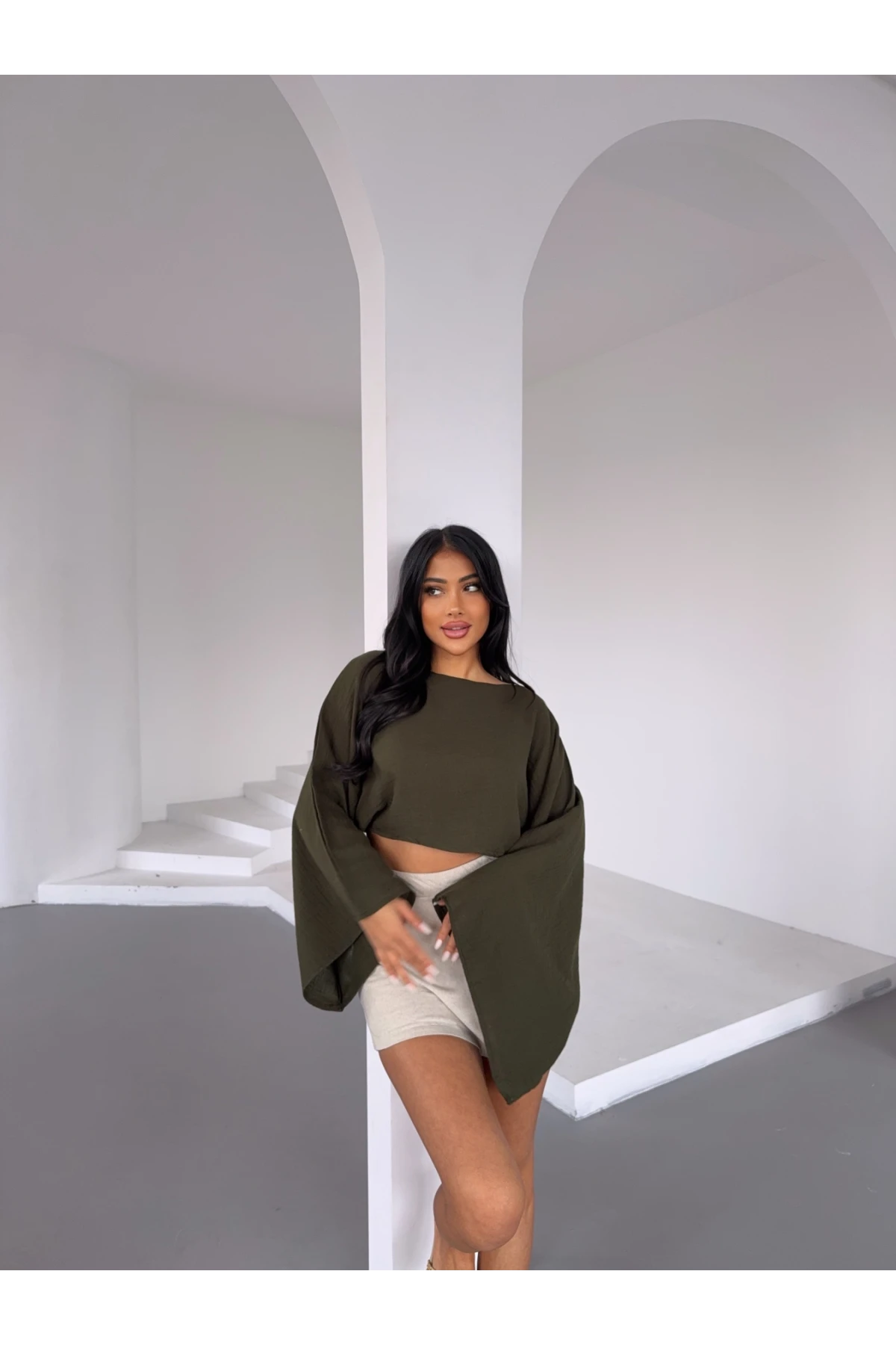 Müslin Keten Bluz Haki