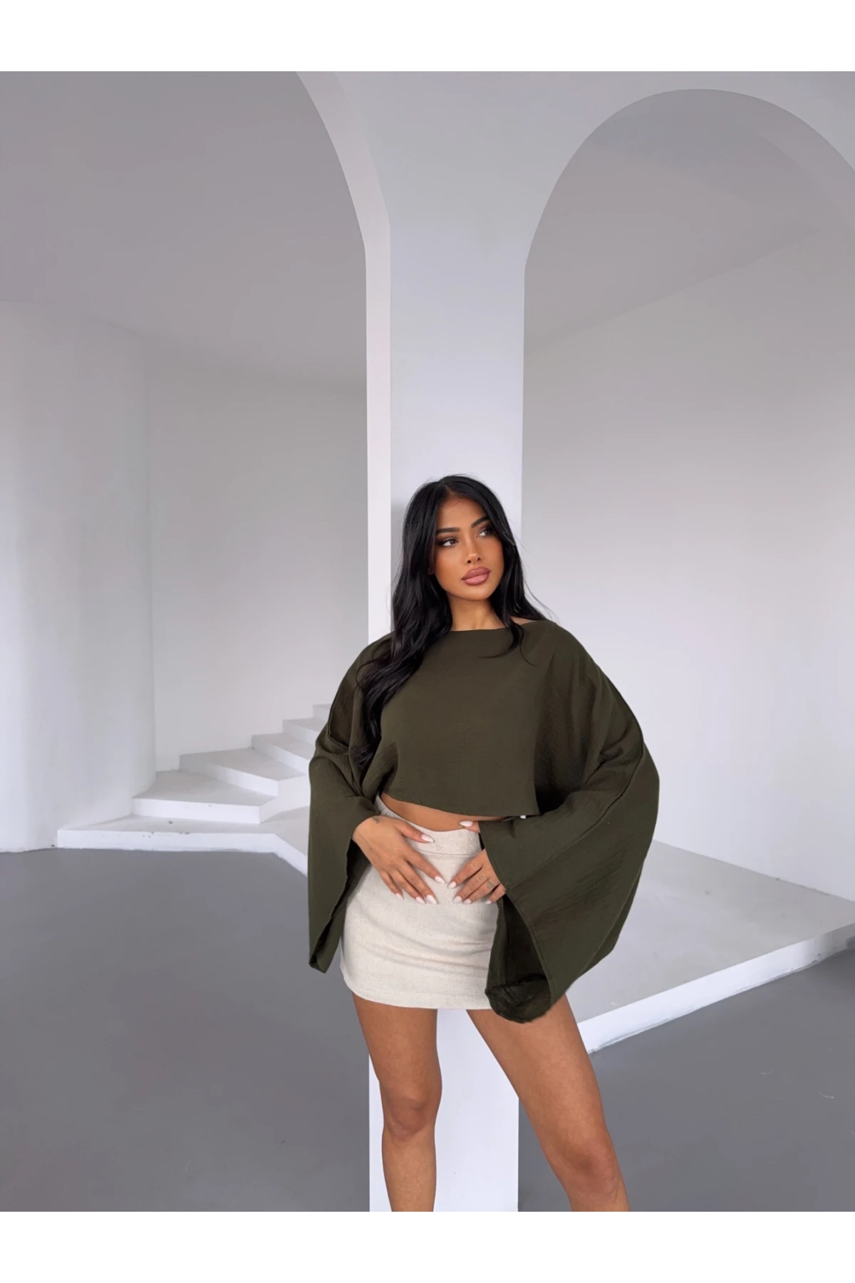 Müslin Keten Bluz Haki