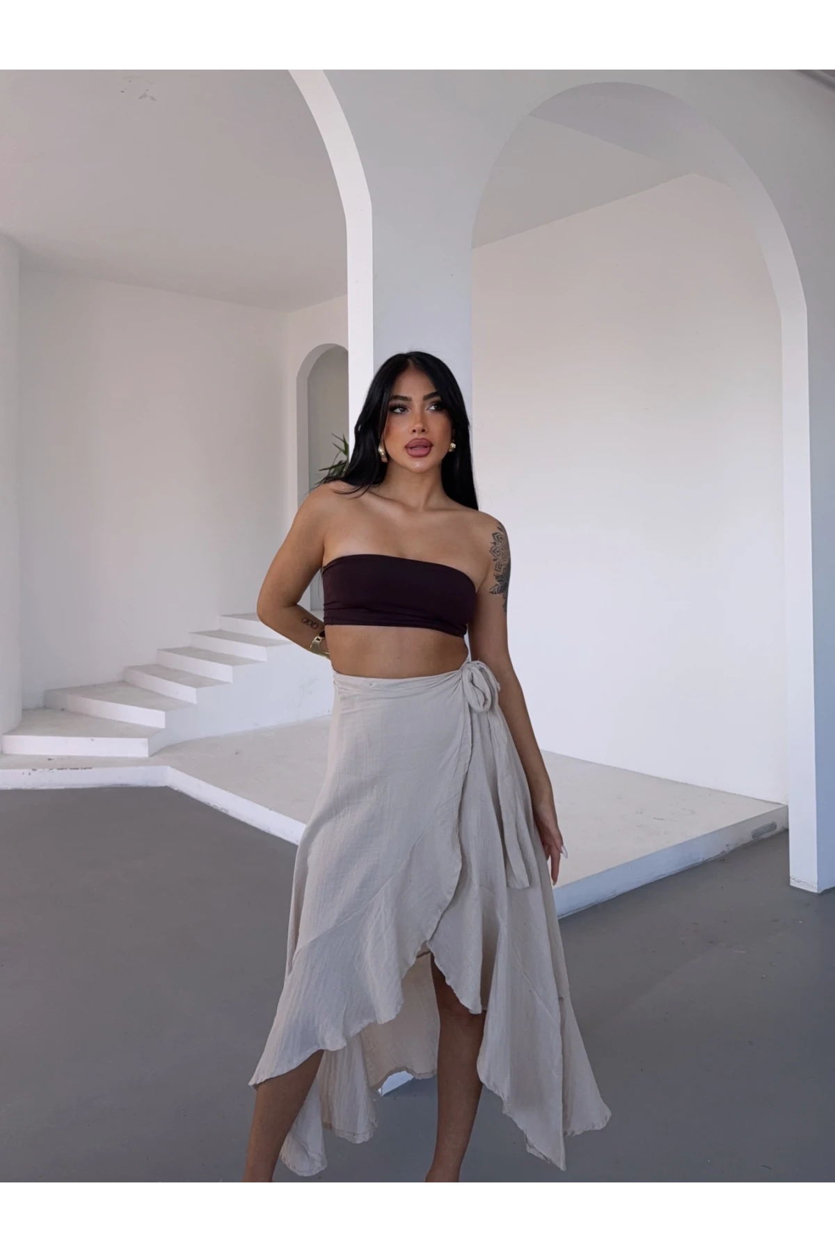 Müslin Kumaş Asimetrik Etek Bej