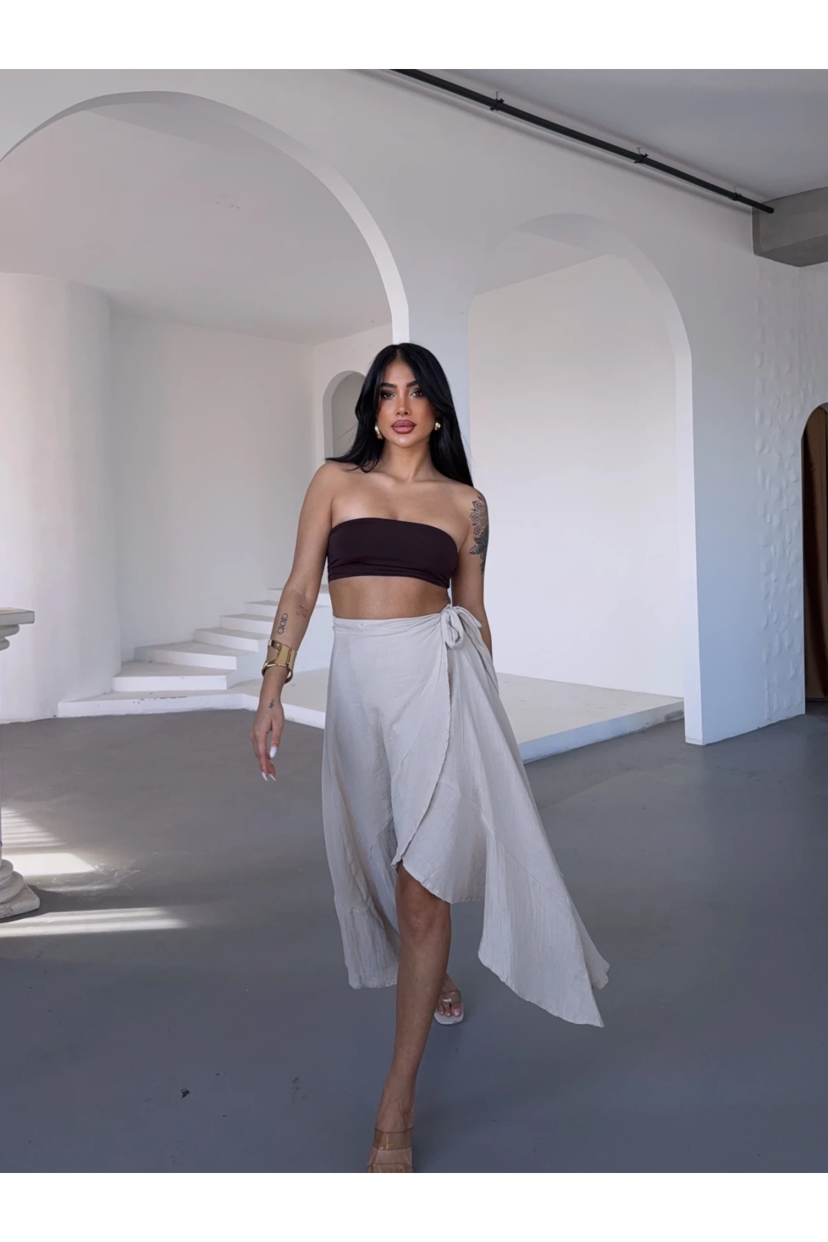 Müslin Kumaş Asimetrik Etek Bej