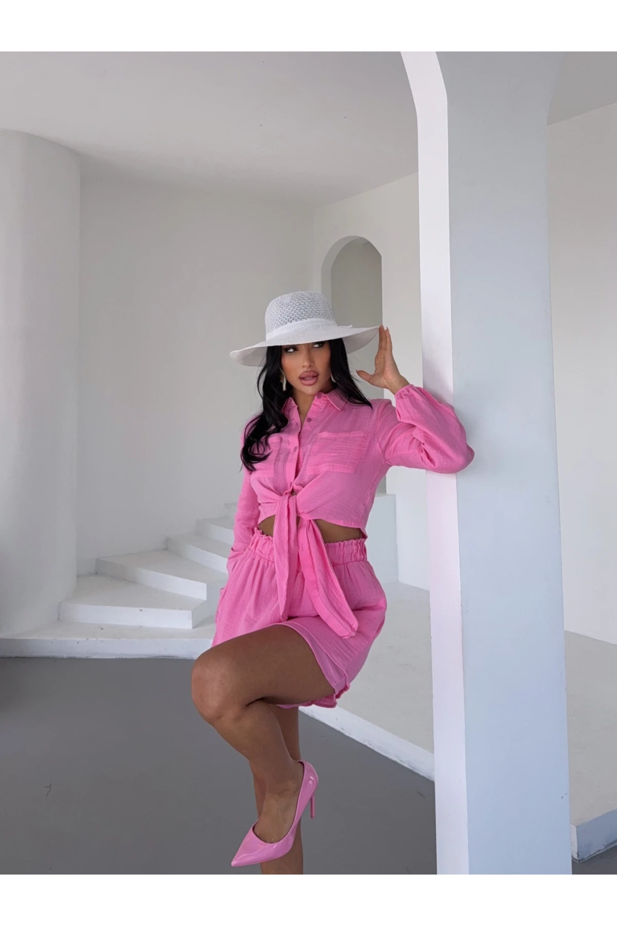 Müslin Kumaş Bluz ve Şort Takım Pembe