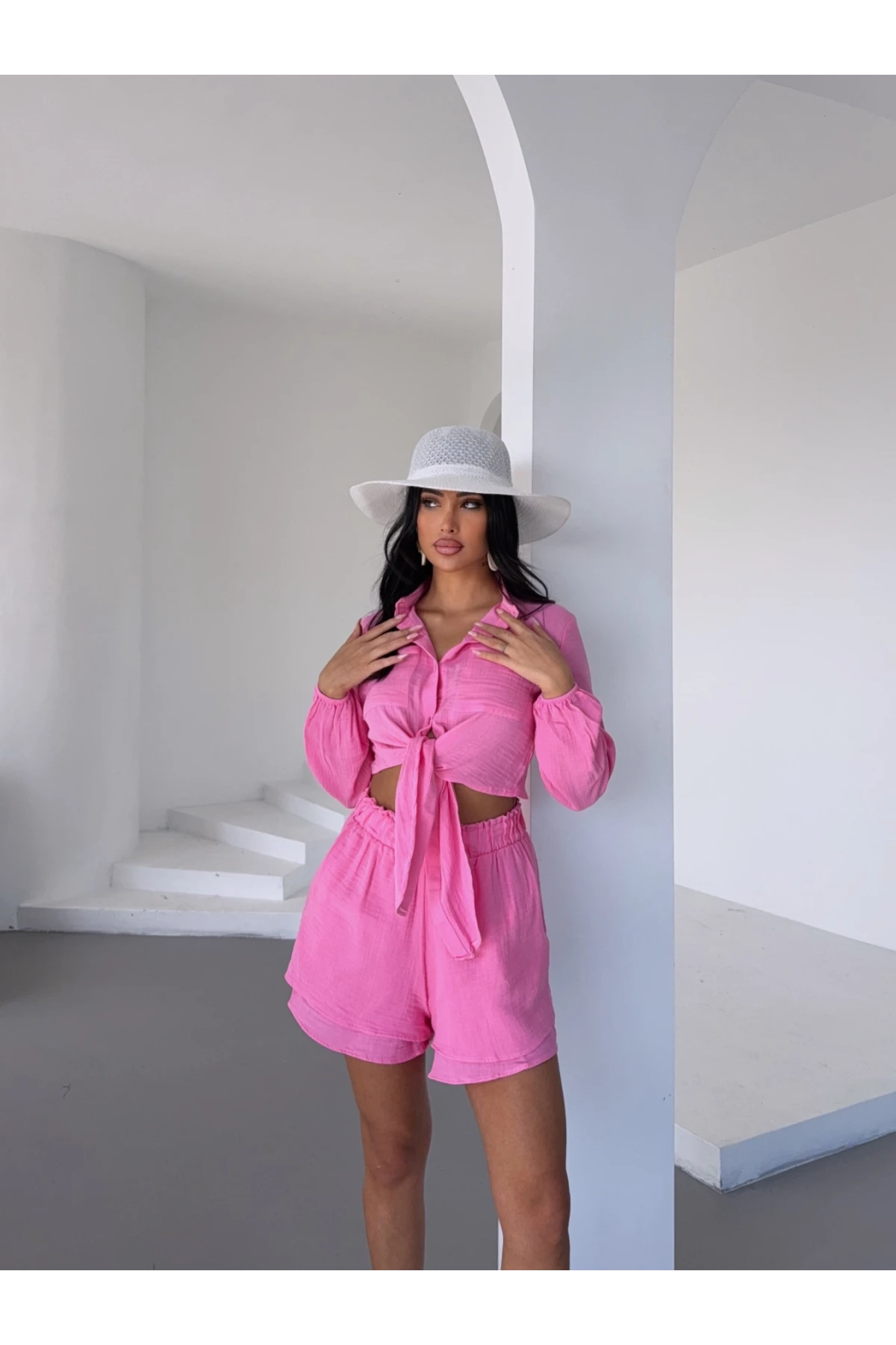 Müslin Kumaş Bluz ve Şort Takım Pembe