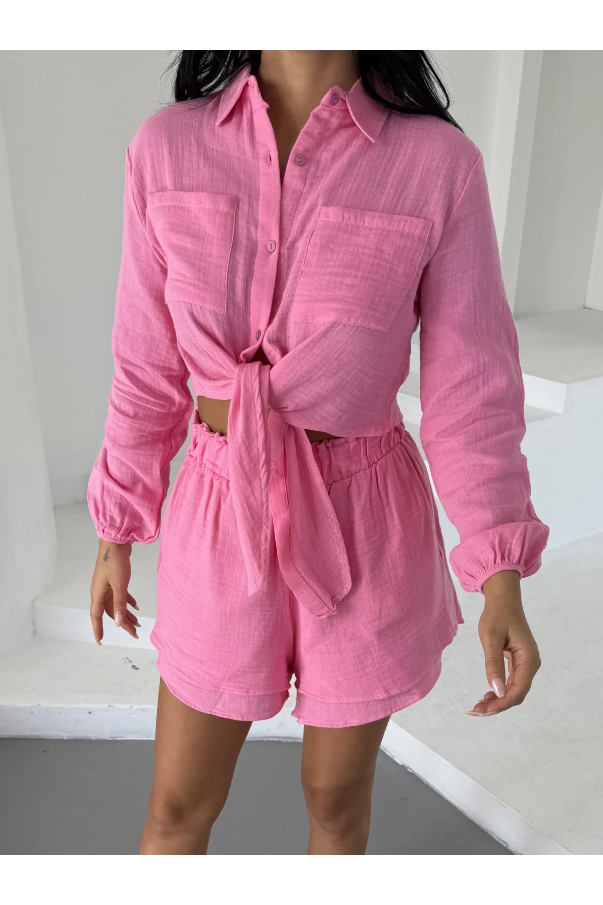 Müslin Kumaş Bluz ve Şort Takım Pembe
