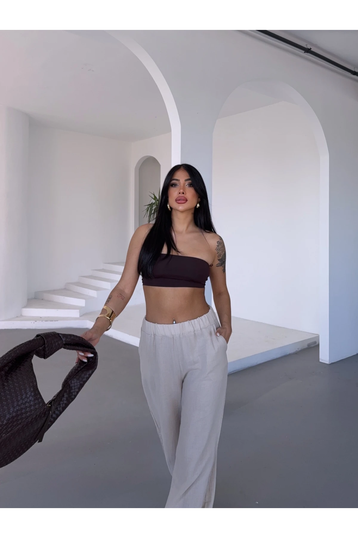 Müslin Kumaş Bol Paça Pantalon Ekru