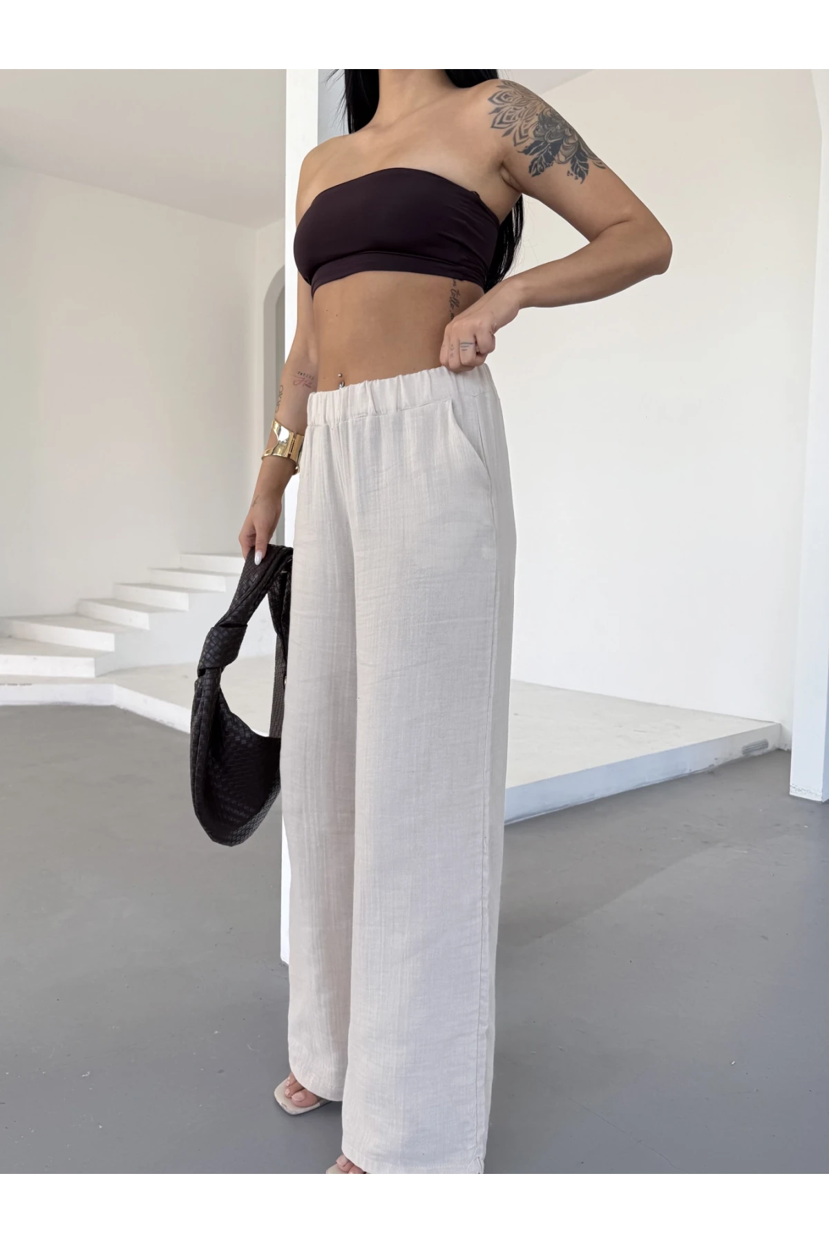 Müslin Kumaş Bol Paça Pantalon Ekru