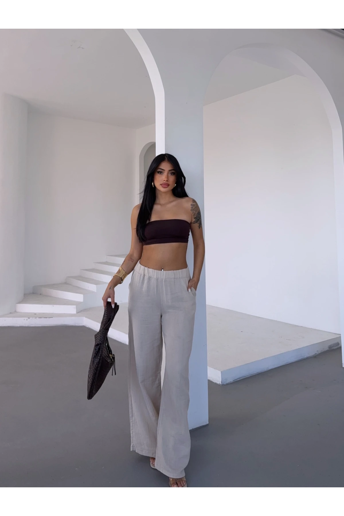 Müslin Kumaş Bol Paça Pantalon Ekru