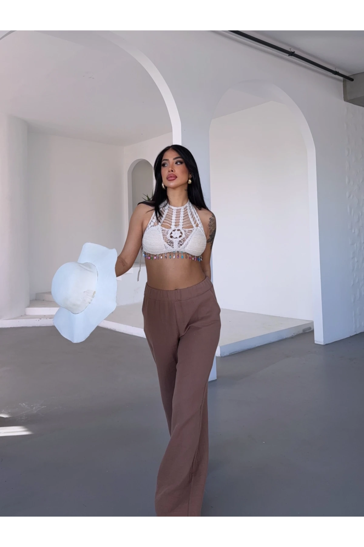 Müslin Kumaş Bol Paça Pantalon Kahverengi