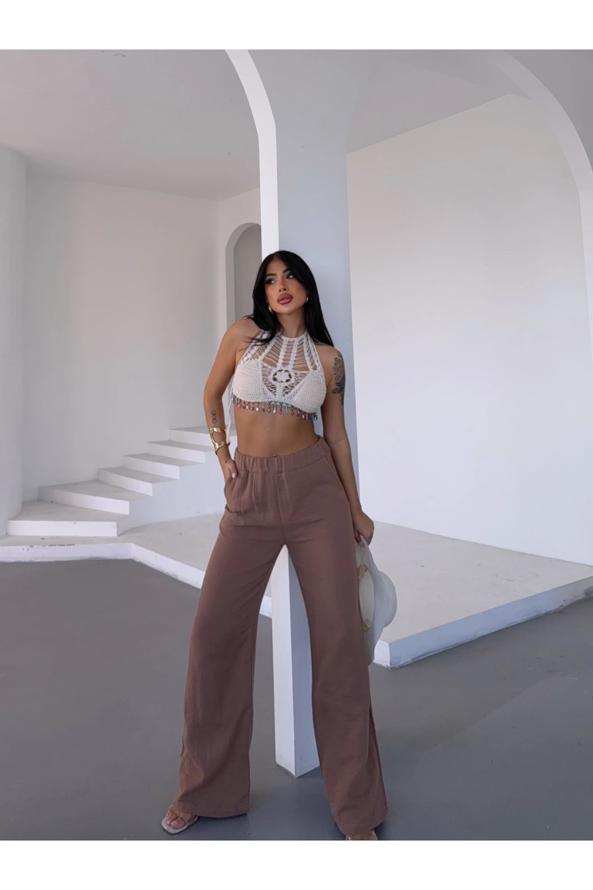 Müslin Kumaş Bol Paça Pantalon Kahverengi