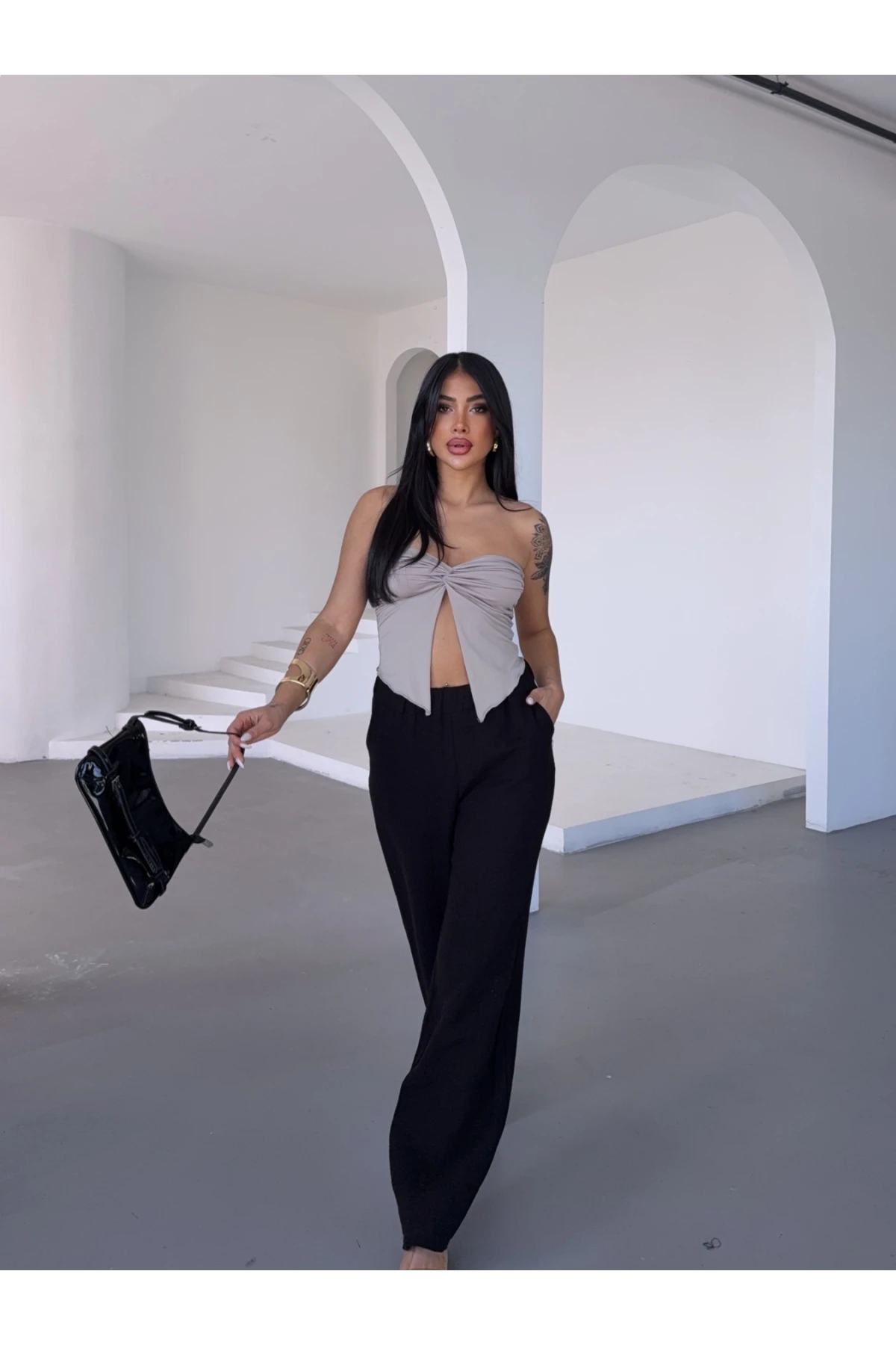 Müslin Kumaş Bol Paça Pantalon Siyah