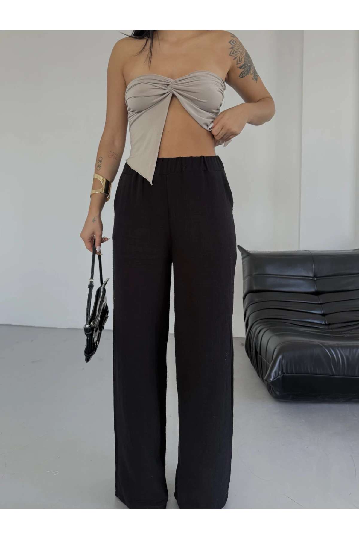 Müslin Kumaş Bol Paça Pantalon Siyah