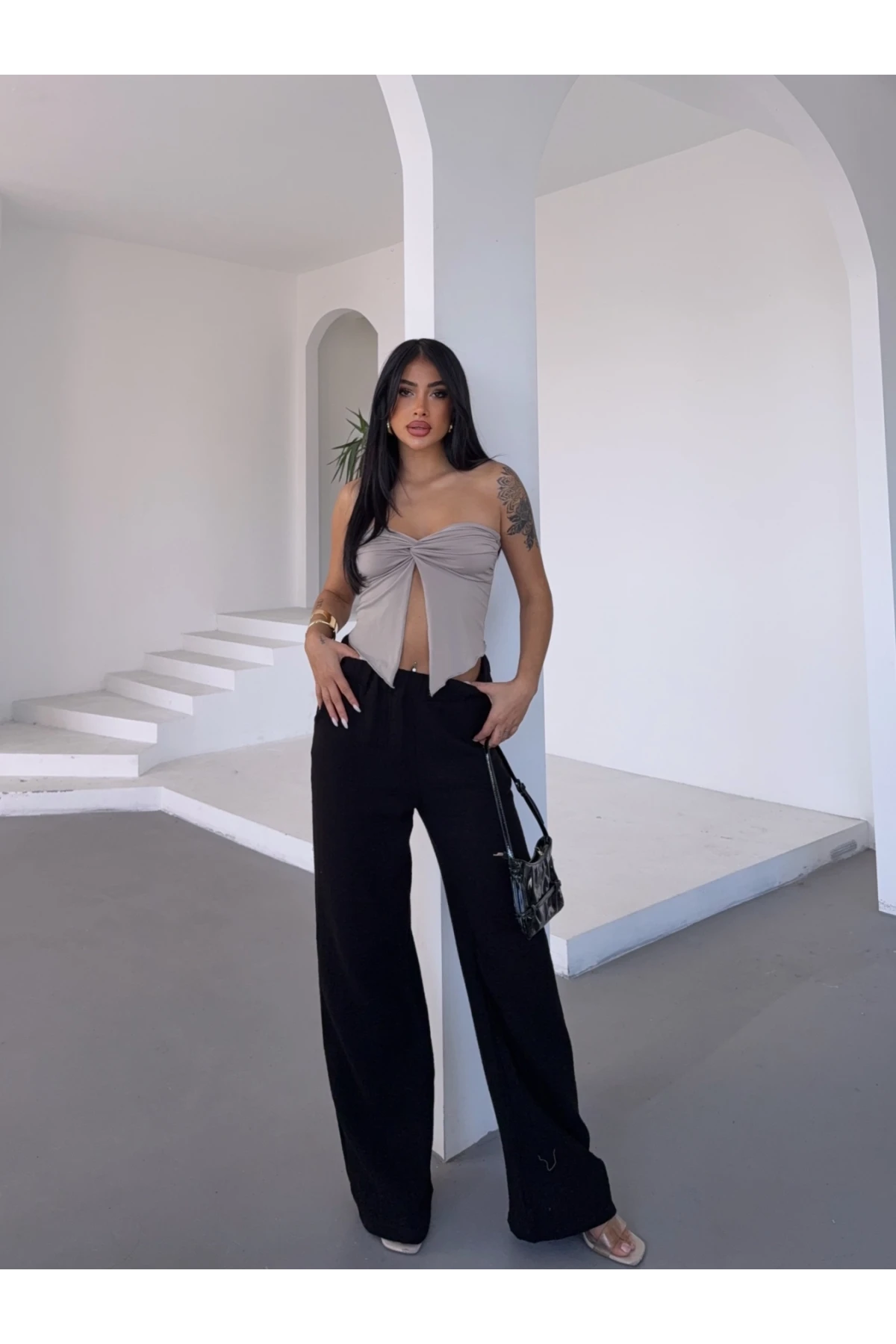 Müslin Kumaş Bol Paça Pantalon Siyah