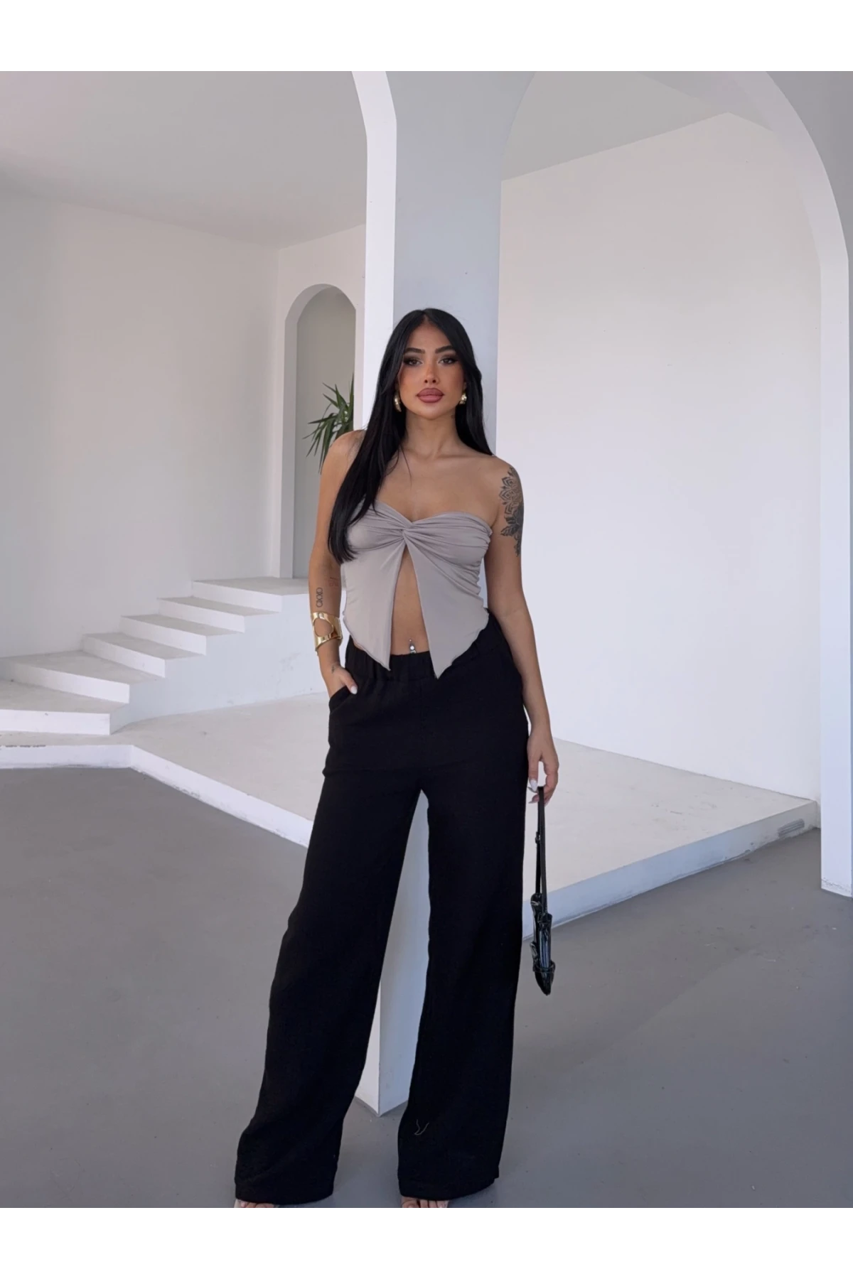 Müslin Kumaş Bol Paça Pantalon Siyah