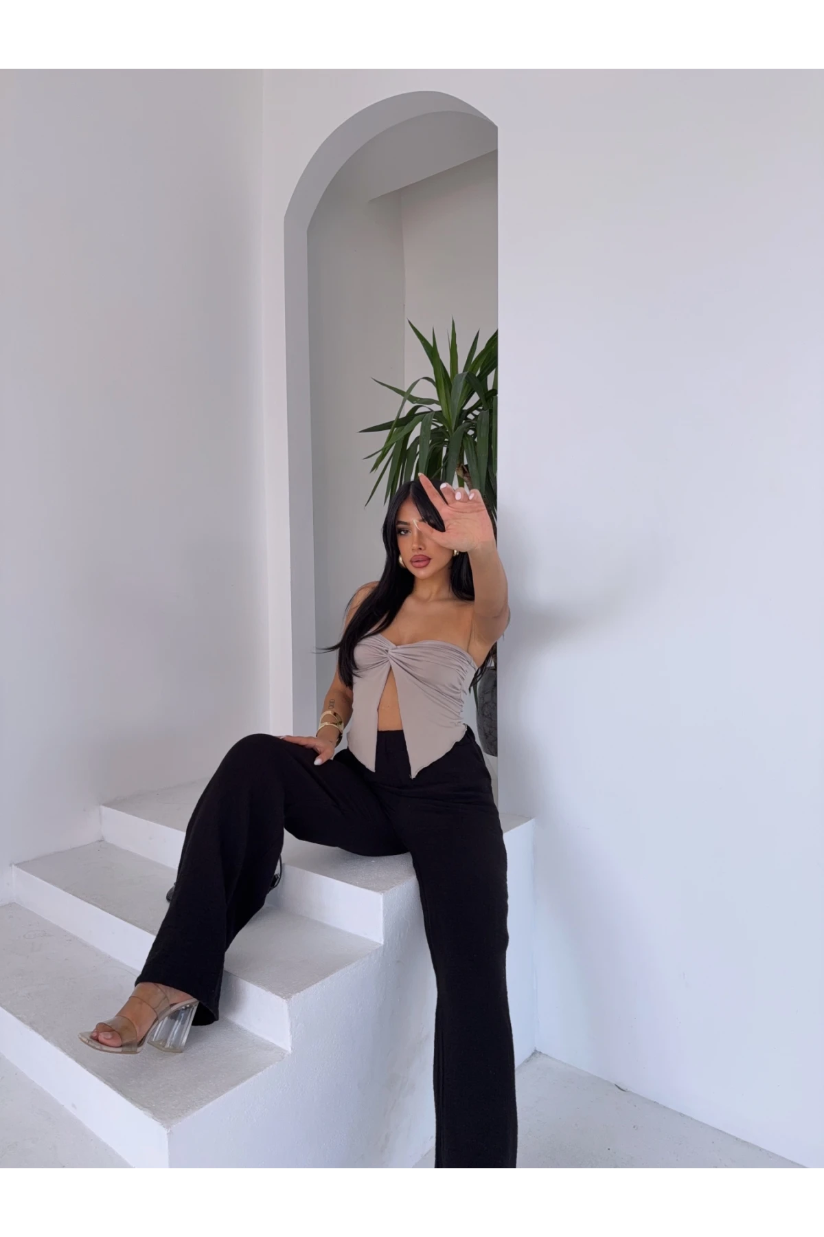 Müslin Kumaş Bol Paça Pantalon Siyah