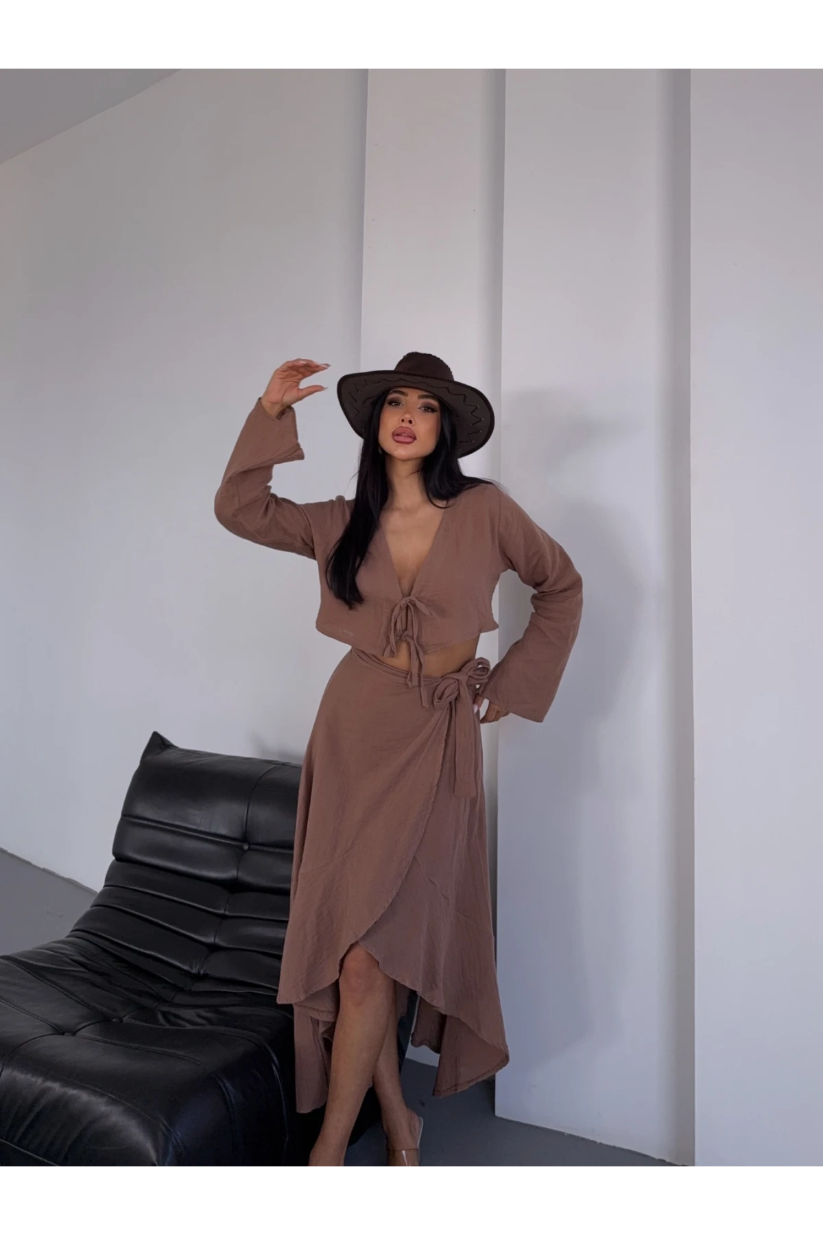 Müslin Kumaş Etek Bluz Takım Kahverengi