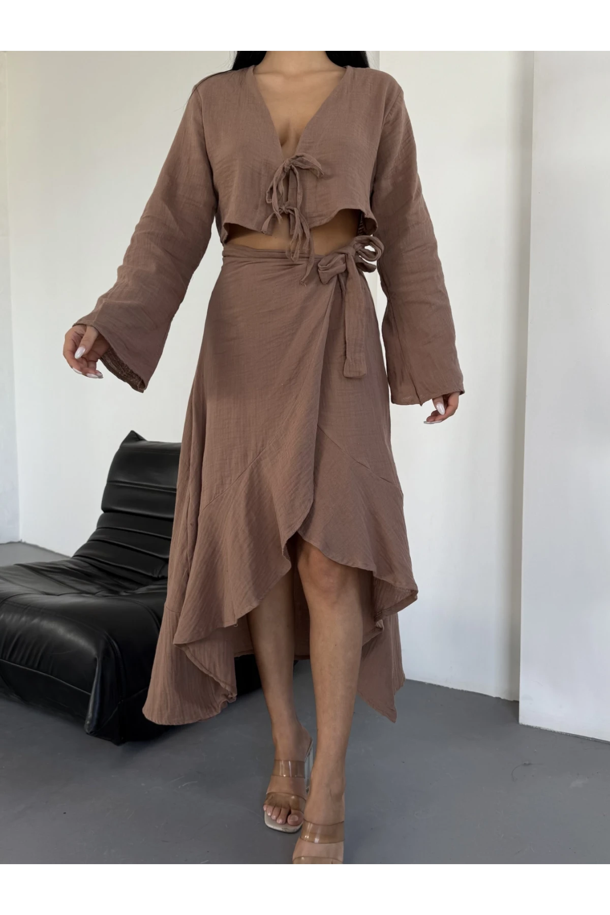 Müslin Kumaş Etek Bluz Takım Kahverengi