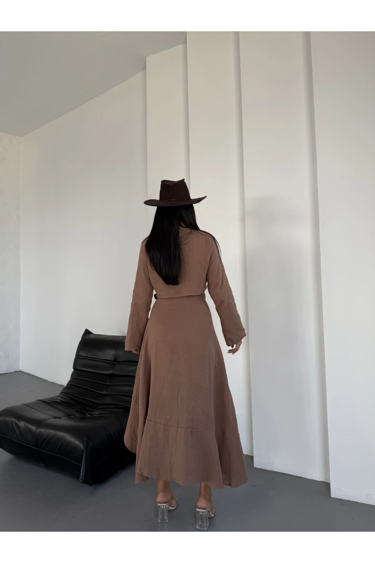 Müslin Kumaş Etek Bluz Takım Kahverengi