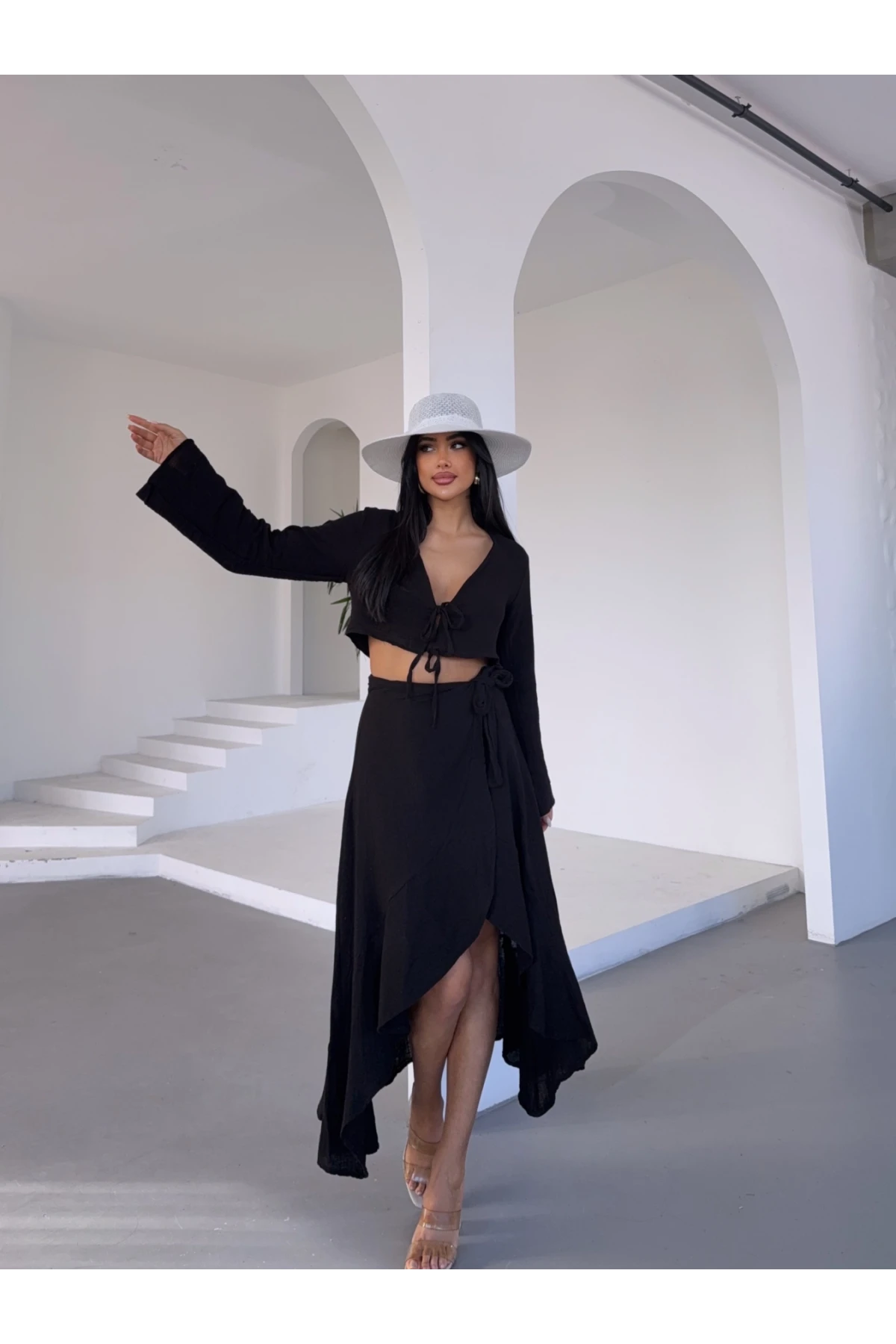 Müslin Kumaş Etek Bluz Takım Siyah