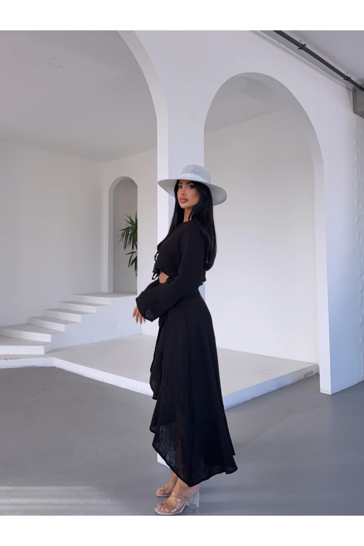 Müslin Kumaş Etek Bluz Takım Siyah