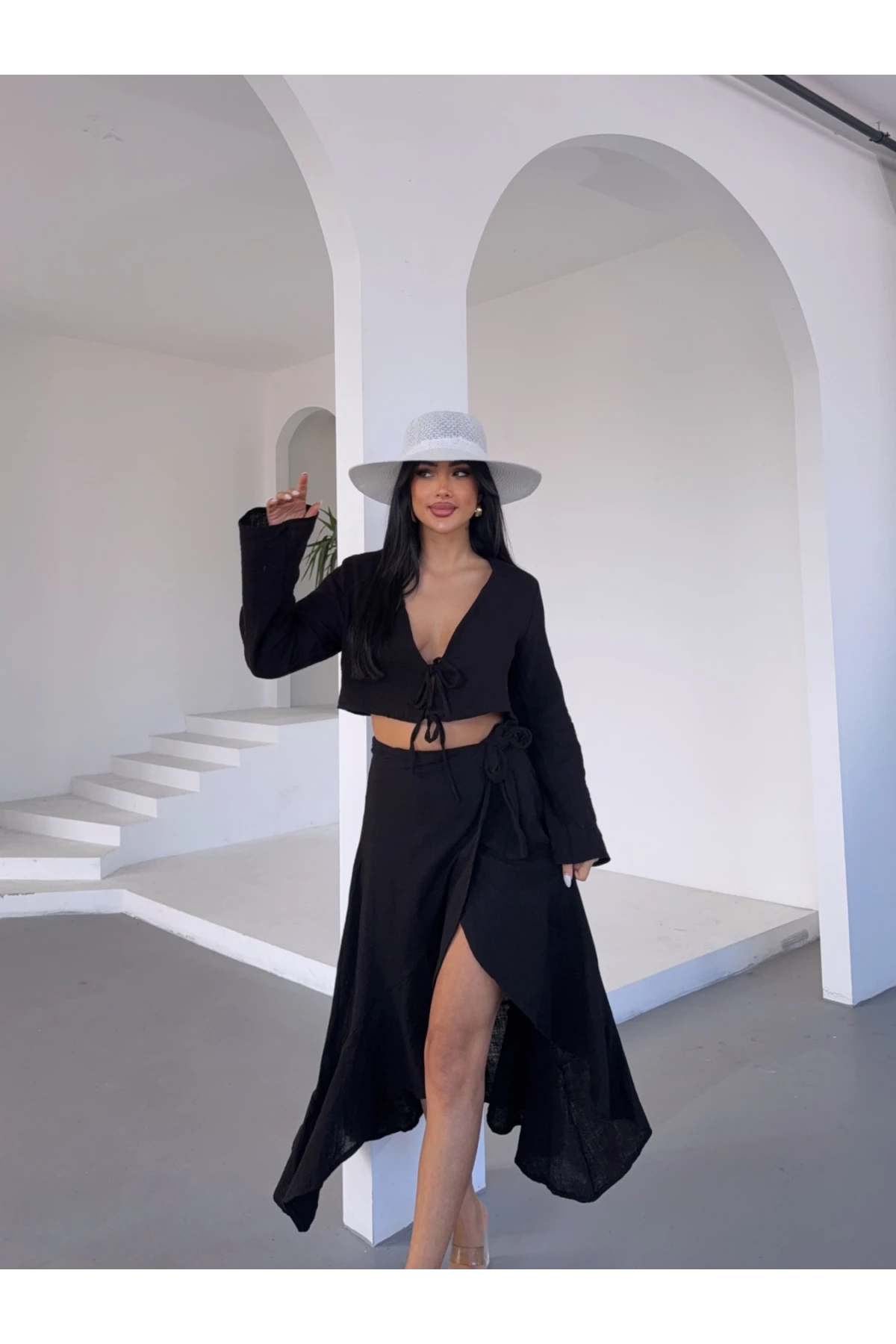 Müslin Kumaş Etek Bluz Takım Siyah