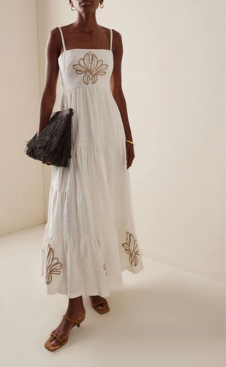 Nakış Detay Keten Elbise Beyaz