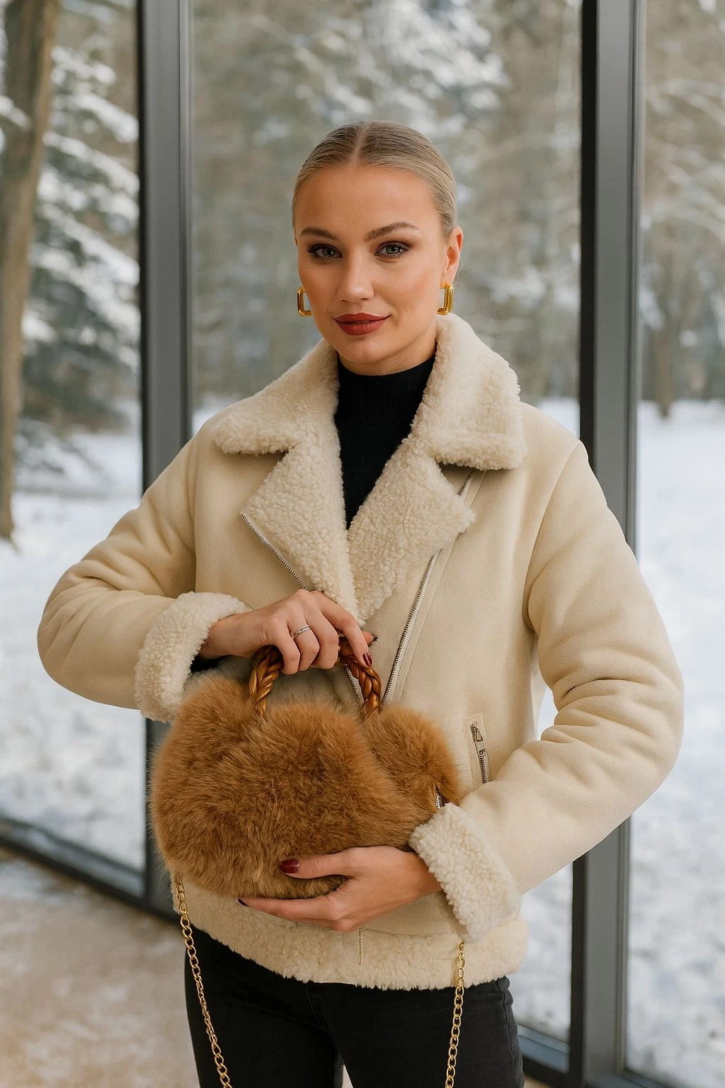 NWC-002 Pu Deri Saplı Camel Peluş Çanta