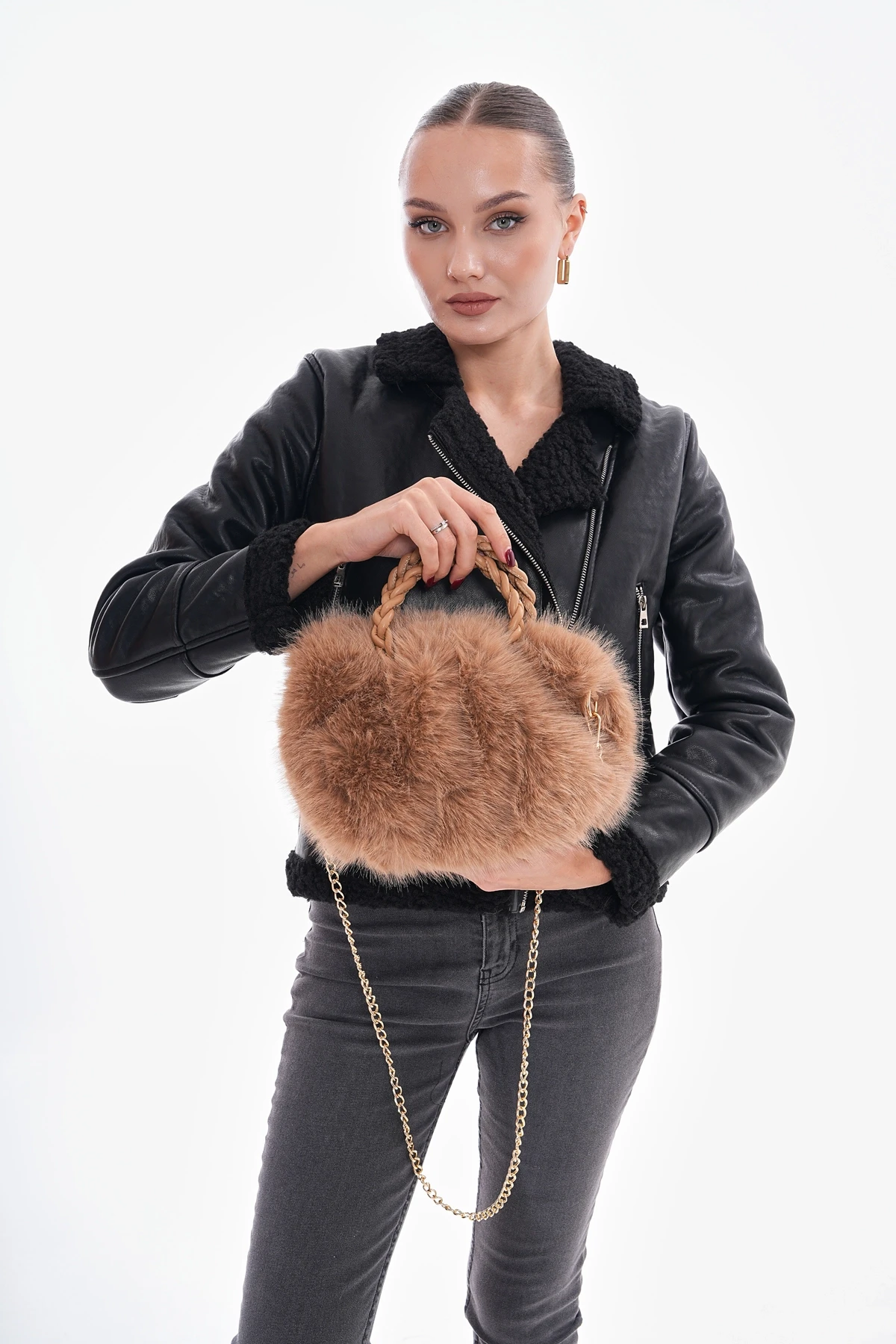 NWC-002 Pu Deri Saplı Camel Peluş Çanta