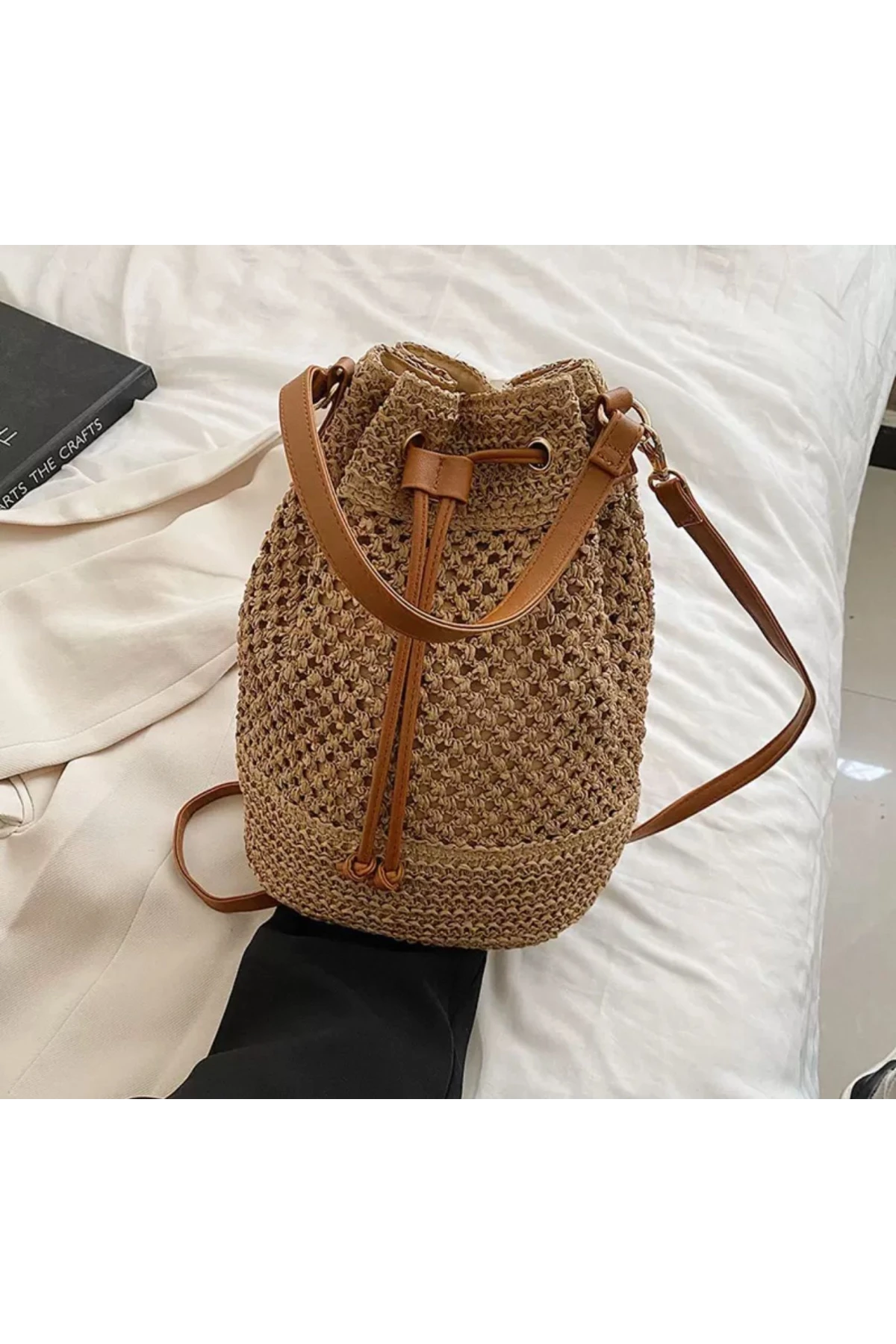 NWC-1002 El Örgüsü Camel Hasır Çanta