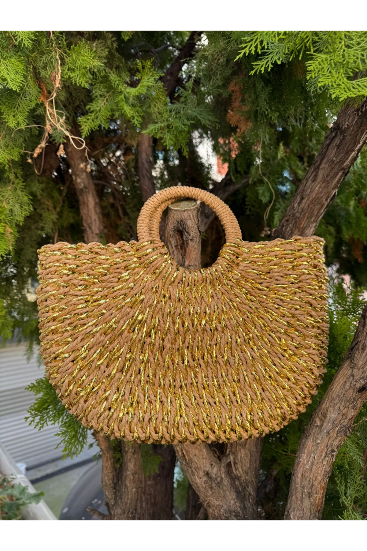 NWC-1013 El Örgüsü Camel Hasır Çanta