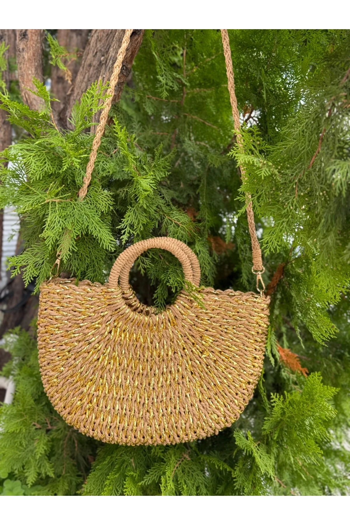 NWC-1013 El Örgüsü Camel Hasır Çanta