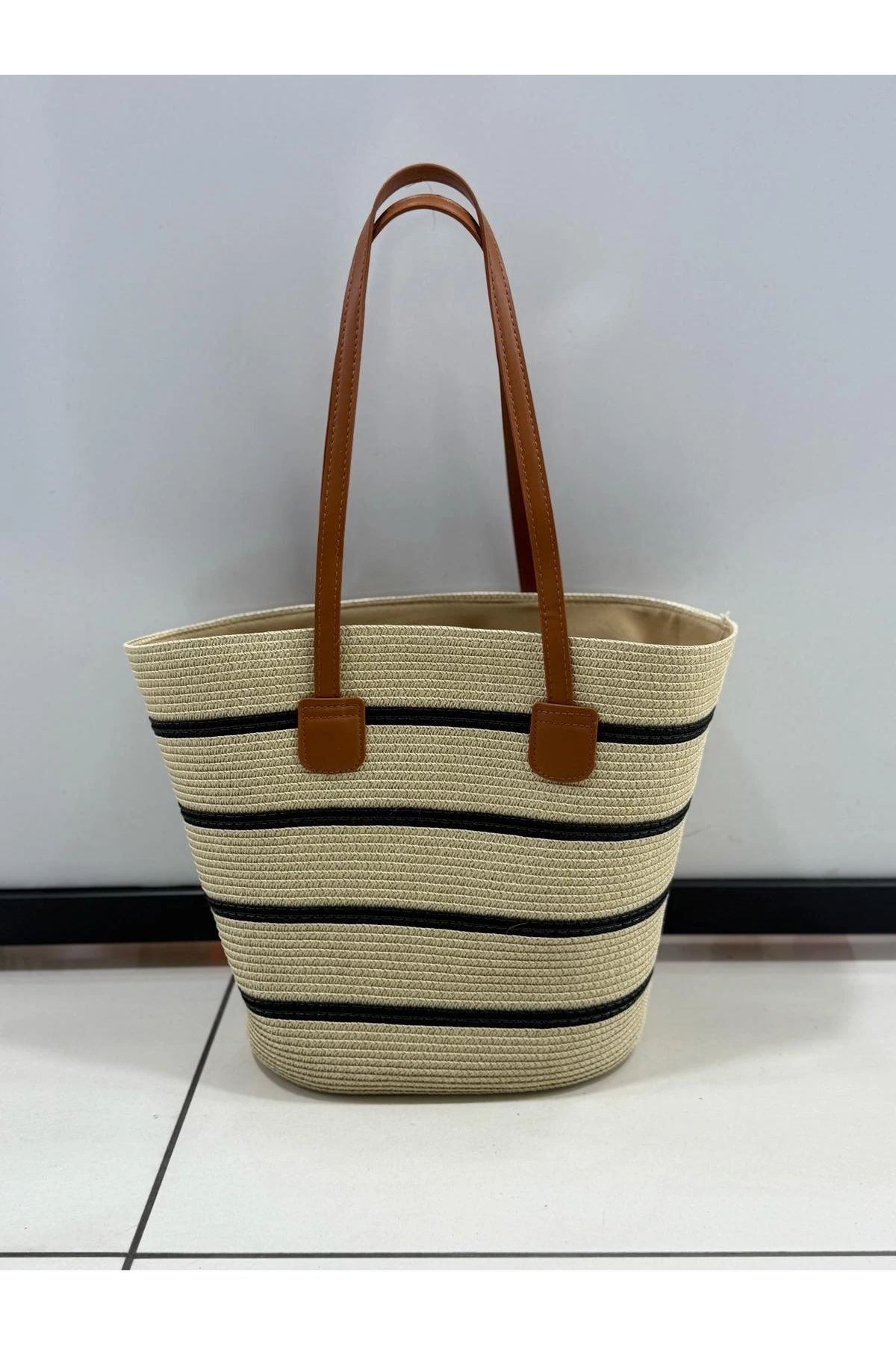 NWC-1043-1 Çizgili Bej Siyah Hasır Çanta