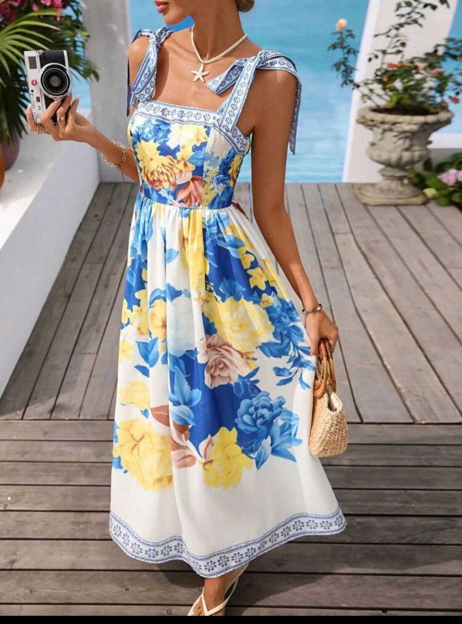 Omuz Bağlama Baskılı Elbise