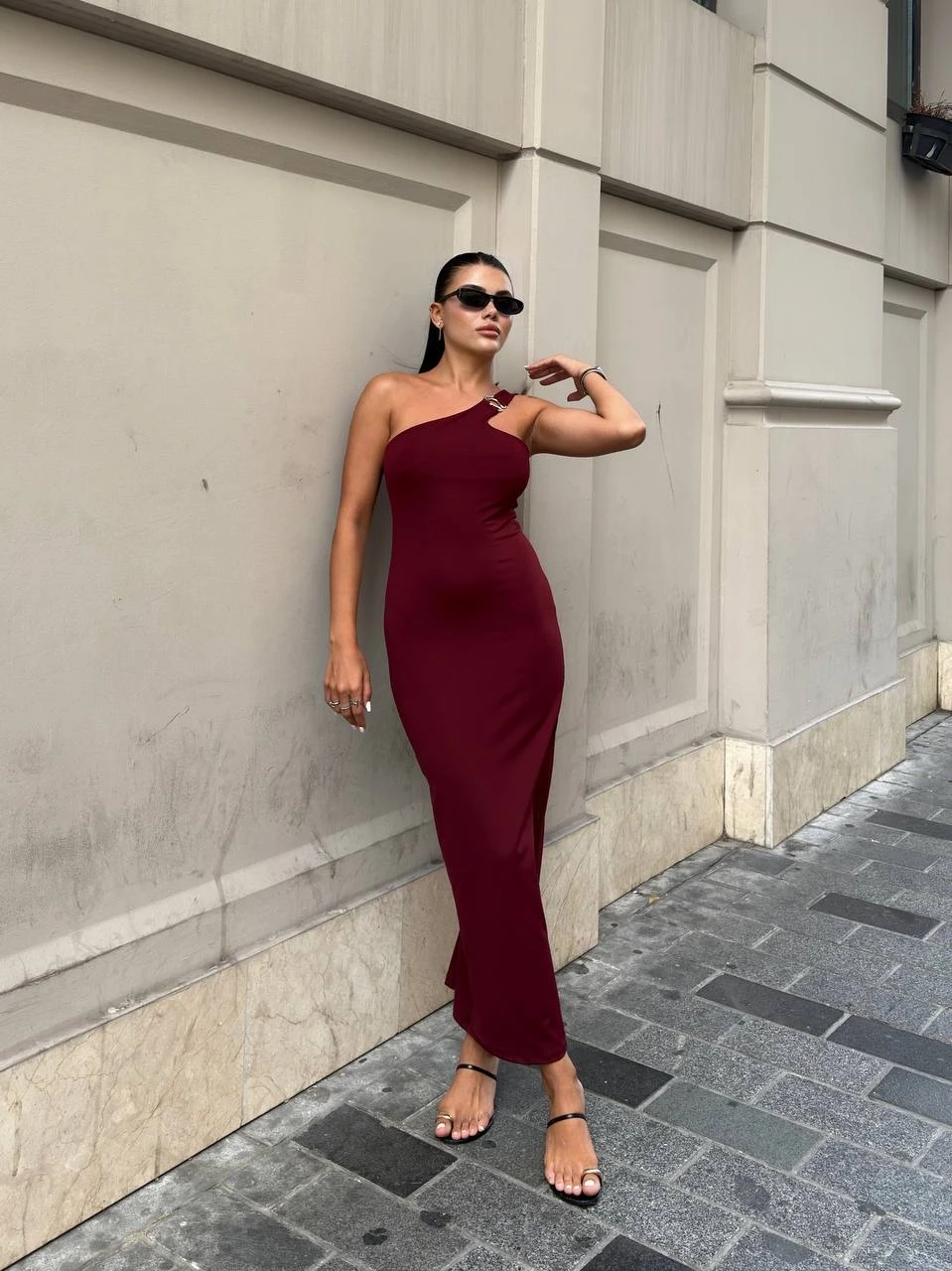 Omuz Detay Bordo Maxi Elbise
