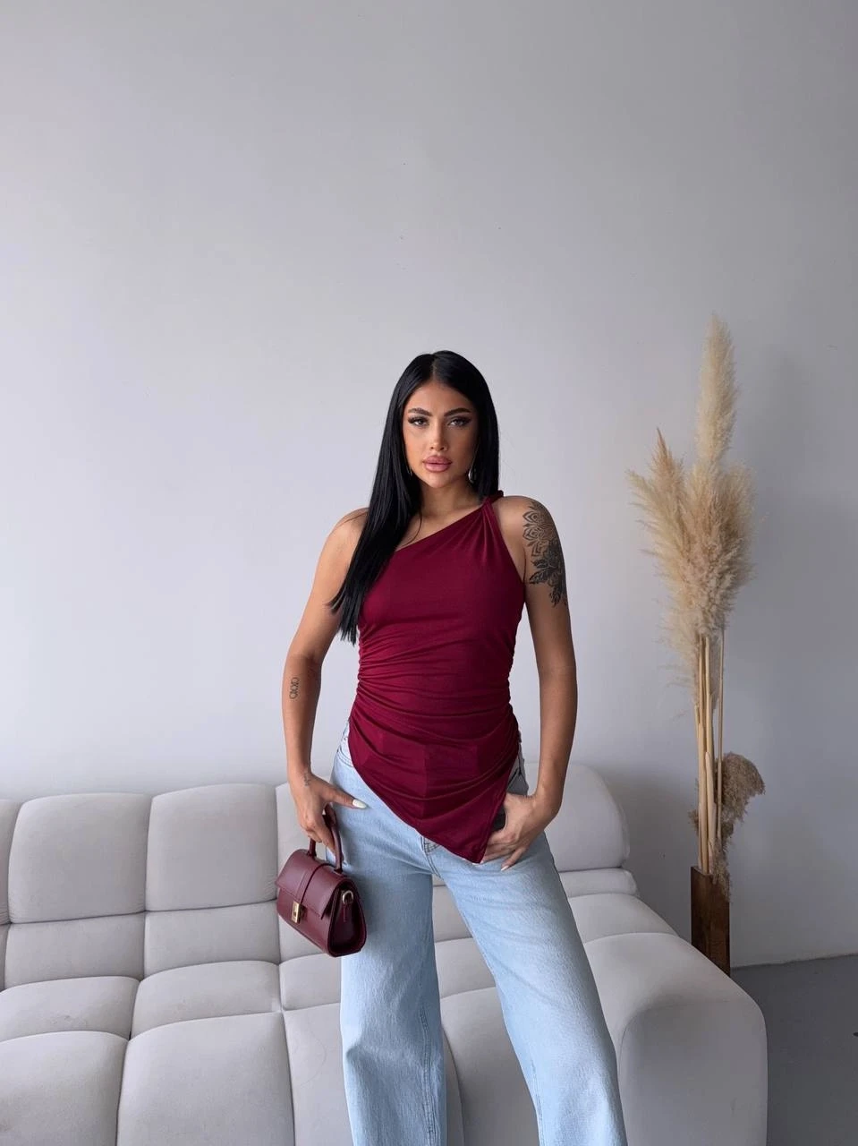 Omuz Detay Tasarım Bluz Bordo