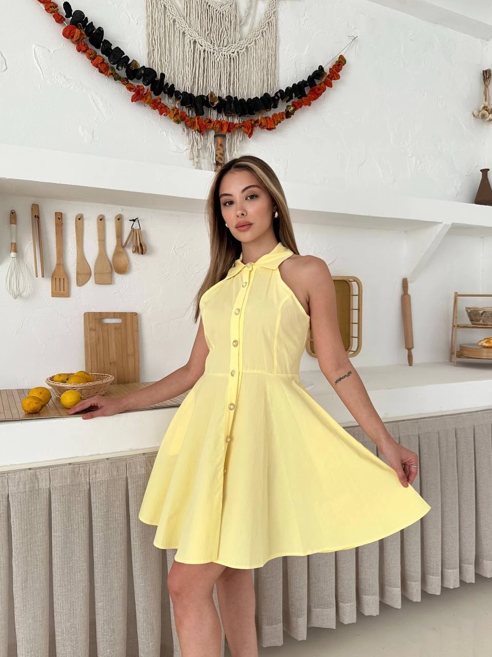 Önden Düğmeli Tasarım Elbise Sarı