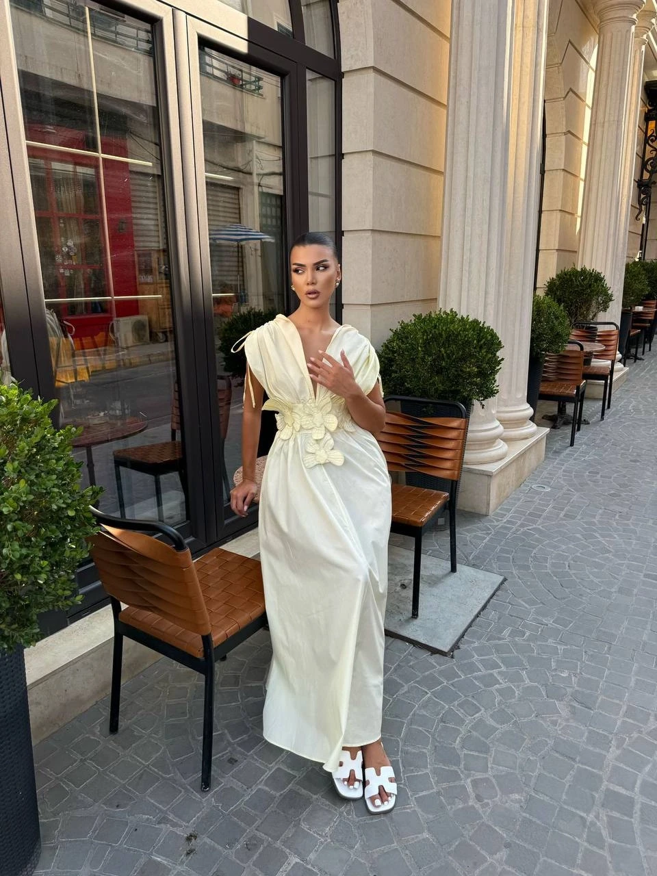 Önü Detaylı Tasarım Elbise Sarı