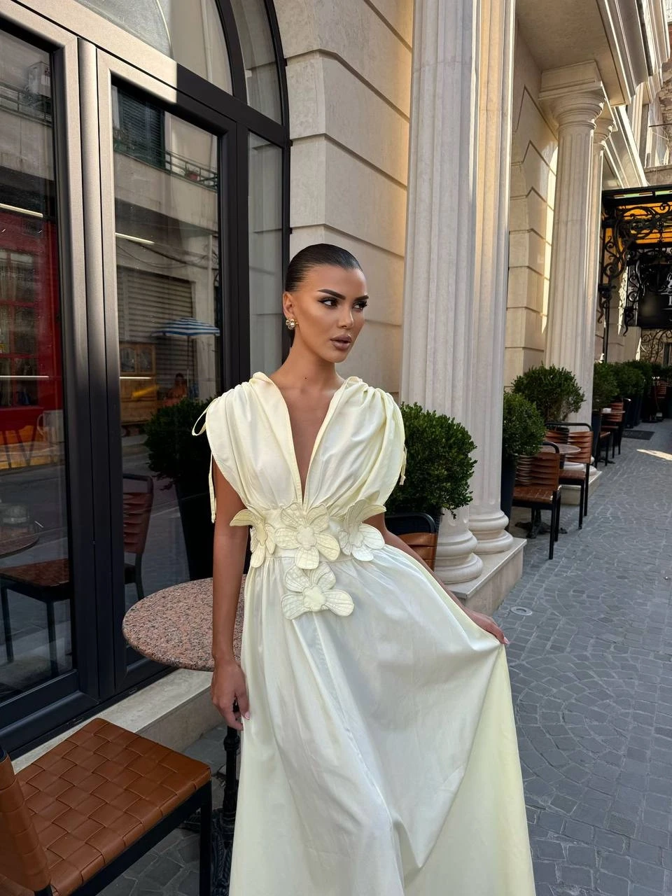 Önü Detaylı Tasarım Elbise Sarı