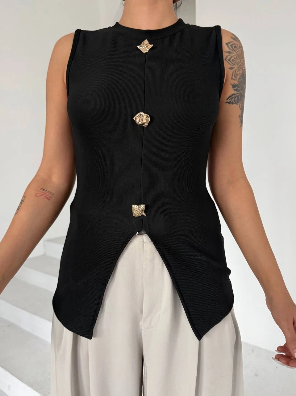 Ottoman Düğme Detay Bluz Siyah