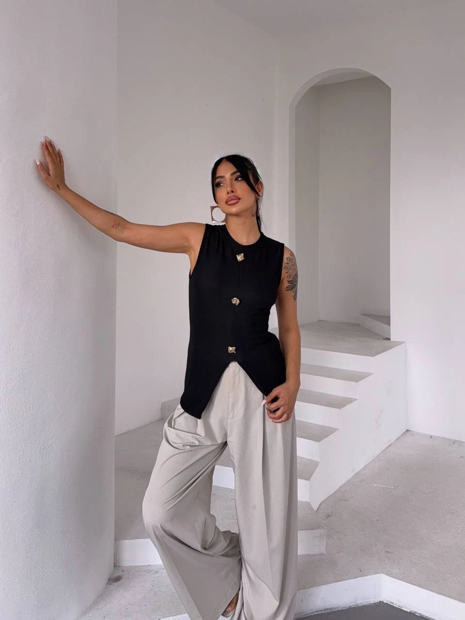 Ottoman Düğme Detay Bluz Siyah