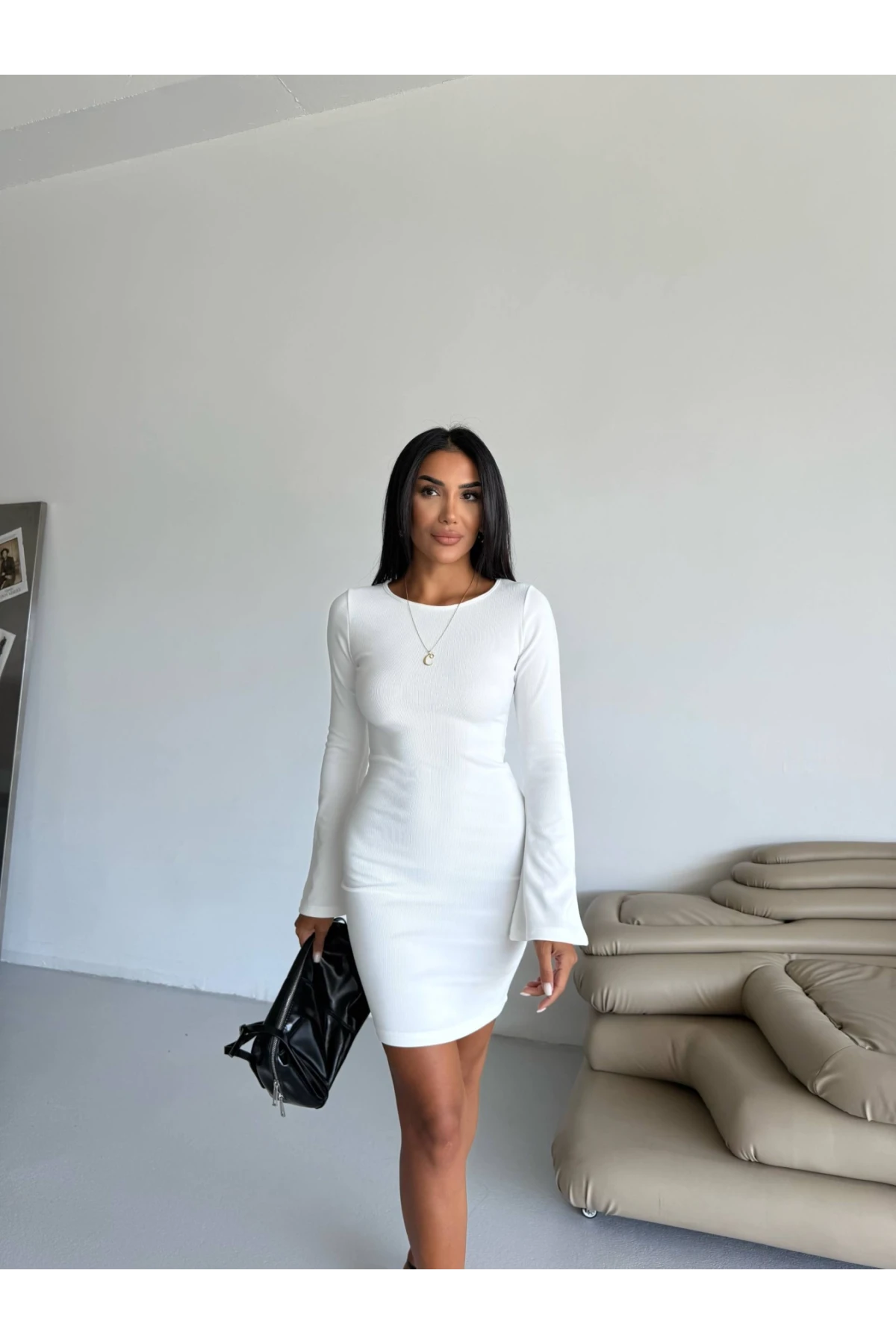 Ottoman Kumaş Kol Detay Beyaz Elbise