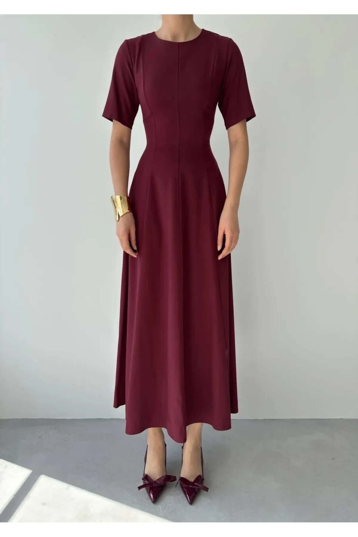 Pliseli Midi Elbise Bordo