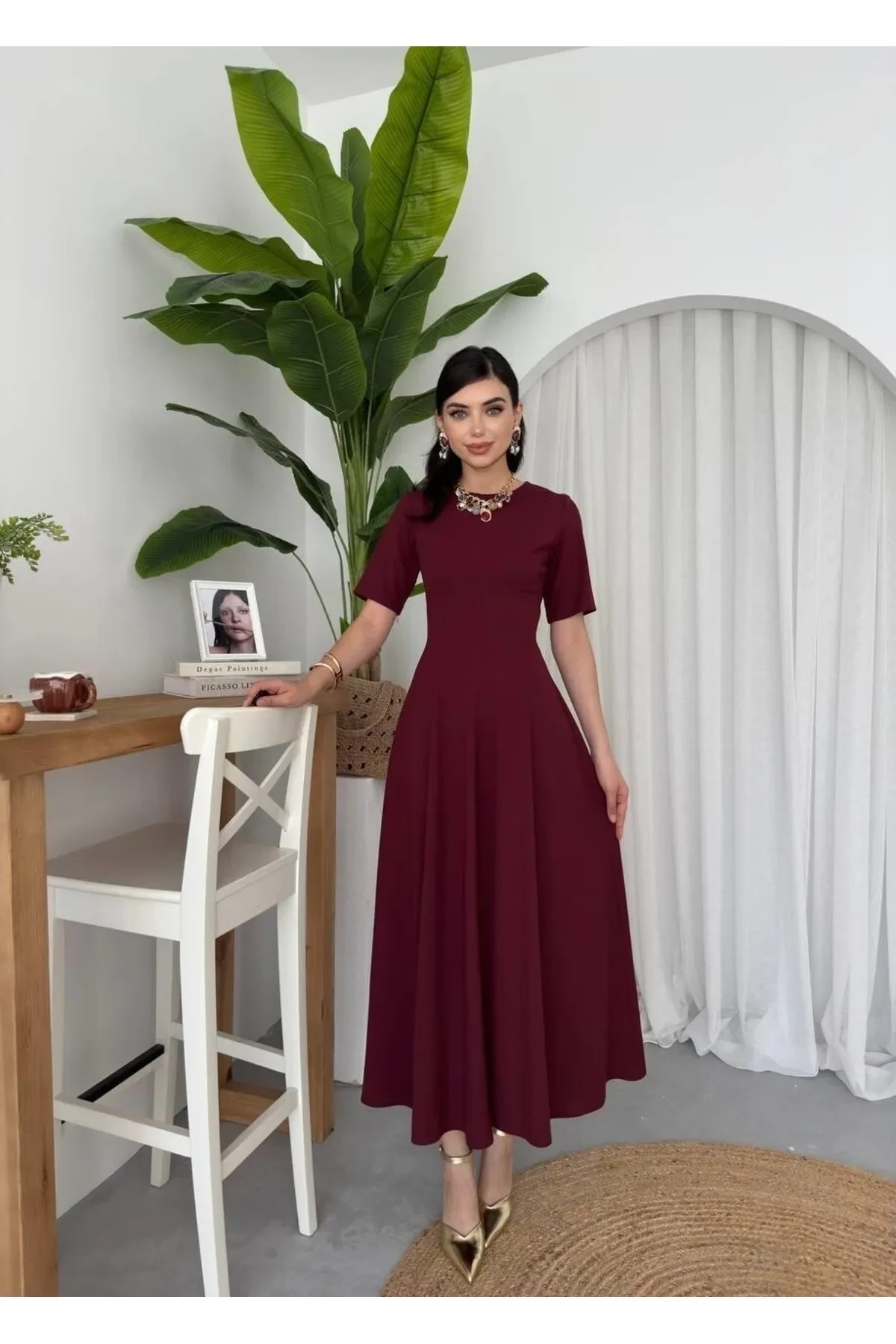 Pliseli Midi Elbise Bordo